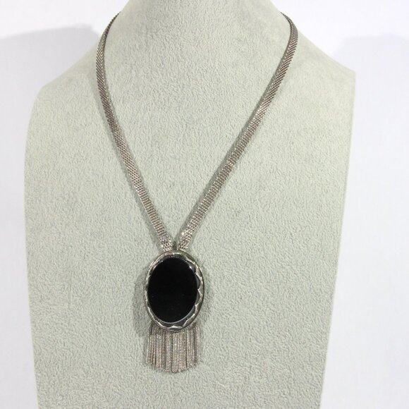 Vintage Whiting & Davis Mesh Chain Large Faux Hematite Pendant Necklace - Picture 1 of 7